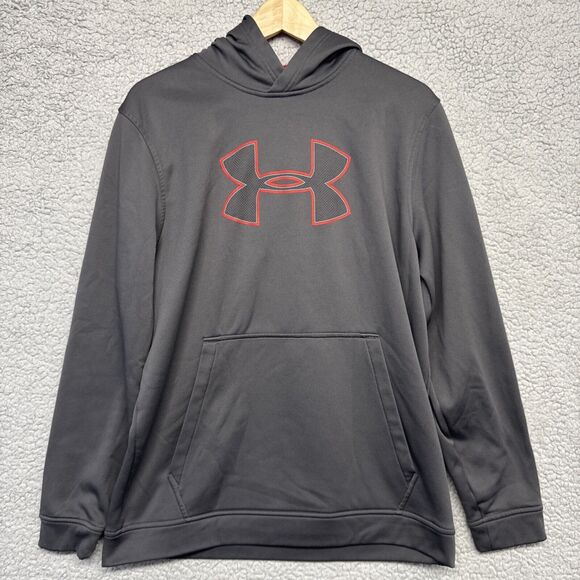 Men’s Under Armour Hooded Sweatshirt-Loose Fit Large Coldgear Gray/Red - Picture 1 of 8